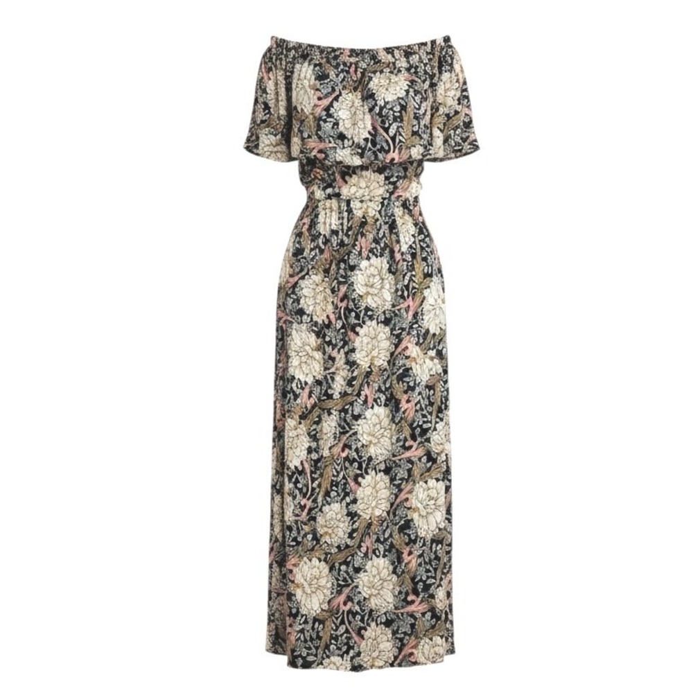 Floral Off The Shoulder Maxi Dress Smocked Ruffle Botanical Print Boho Black XL